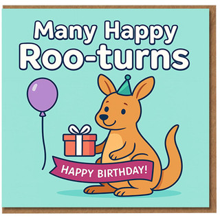 Many Happy Roo-turns Kangaroo Birthday Card - Cute Pun with Party Hat, Balloon and Present - Fun Animal Birthday Pun Card
