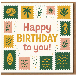 Happy Birthday To You Coastal Birthday Card - Seahorse, Seashell and Palm Motifs in Mustard, Green and Blush - Beachy Illustrated Design