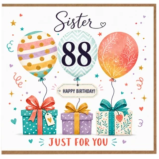88th Birthday Card for Sister, Happy Birthday Just For You Balloon and Gifts Design