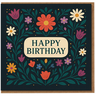 Happy Birthday Floral Card - Colourful Wildflowers on Dark Background, Elegant Botanical Design for Friends, Family or Colleagues