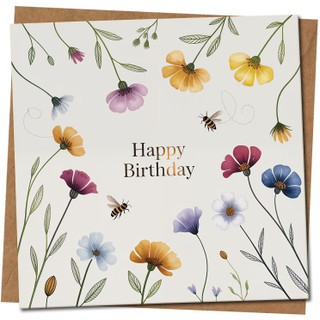 Happy Birthday Wildflowers and Bees Square Card 145mm x 145mm - Floral Nature Design -, Includes Kraft Envelope