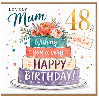 Mum 48th Birthday Card, Lovely Mum Birthday Card with Floral Cake Design