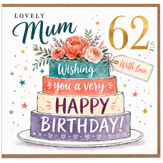 62nd Birthday Card for Mum, Lovely Mum Birthday Card, Floral Cake Happy Birthday Card