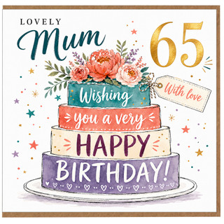 Lovely Mum 65th Birthday Card, Floral Cake Birthday Card for Mum