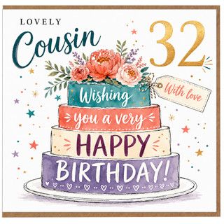 32nd Birthday Card for Cousin, Lovely Floral Cake Design
