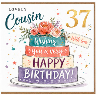 37th Birthday Cousin Card, Lovely Floral Cake Happy Birthday Card