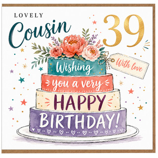 39th Birthday Card for Cousin, Lovely Happy Birthday Cake Design