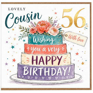 56th Birthday Card for Cousin, Lovely Floral Cake Happy Birthday Card