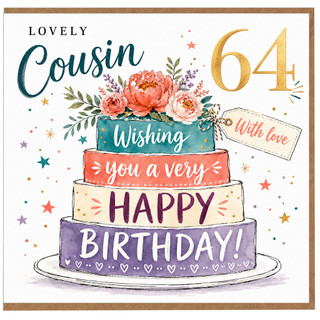 Lovely Cousin 64th Birthday Card, Happy Birthday Cake Design