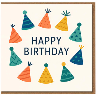 Happy Birthday Card - Colourful Party Hats Circle Design with Bold Greeting, Fun Unisex Birthday Card for Friends, Family, Kids or Adults
