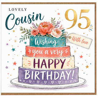 Cousin 95th Birthday Card, Lovely Happy Birthday Cake Design
