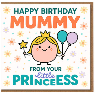 Happy Birthday Mummy Card from Your Little Princess - Cute Cartoon Daughter Design with Crown, Balloons and Flowers