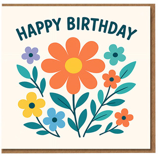 Happy Birthday Card - Retro Floral Daisy Bouquet with Colourful Blooms and Playful Lettering