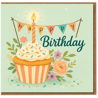 Happy Birthday Card - Cute Cupcake with Candle, Colourful Sprinkles, Floral Details and Bunting Design