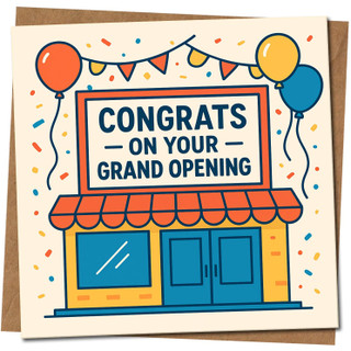 Grand Opening Congratulations Card - Congrats on Your Grand Opening, Shopfront Balloons & Confetti Design, New Business Start-Up Card, 145mm x 145mm, Includes Kraft Envelope
