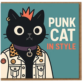 Funny Punk Cat In Style Birthday Card for Cat Lovers - Black with Mohawk, Piercings and Leopard Collar | Quirky Animal Humour Greeting Card