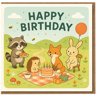 Cute Woodland Animals Happy Birthday Card - Raccoon, Fox, Bunny & Hedgehog at Picnic with Cake, Presents and Balloon - Fun Kids Birthday Card