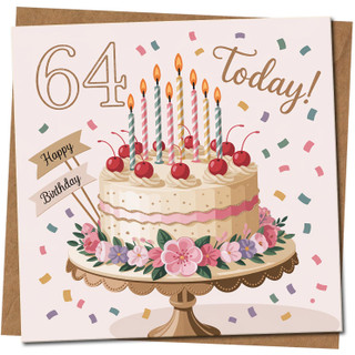 64 Today 64th Birthday Card - Cherry Cake and Candles Design, 145mm x 145mm Square, Cute Celebration Greeting for Him or Her, Includes Kraft Envelope