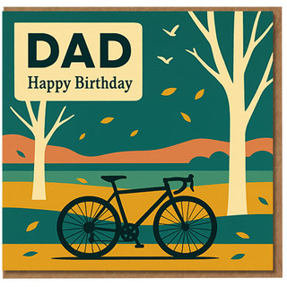 Dad Birthday Card - Cycling Design with Bike Silhouette, Autumn Landscape and Trees - 'DAD Happy Birthday'