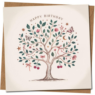 Happy Birthday Tree Card 145mm x 145mm Square - Elegant Illustrated Nature Design, Includes Kraft Envelope
