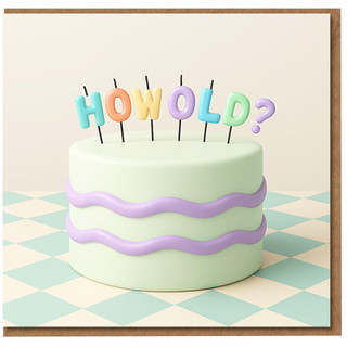 Funny Birthday Card - Pastel Cake with Colourful Letter Candles Saying 'HOW OLD?' - Cheeky Humour for Friends, Family, Him or Her