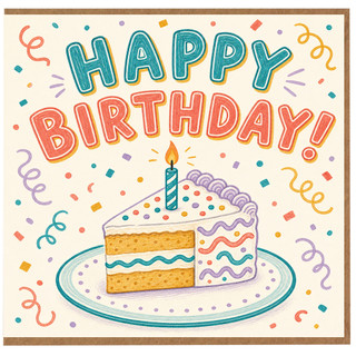 Birthday Card, Happy Birthday Cake and Confetti Design