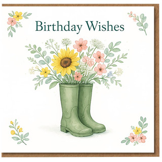 Birthday Wishes Card - Watercolour Wellington Boots with Sunflower and Wildflowers - Garden Lover Floral Birthday Card