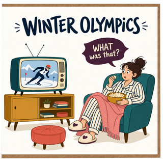 Birthday Card, Funny Winter Sports Card, Watching TV Popcorn Humour Card