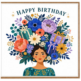 Birthday Card, Colourful Floral Woman Illustration Happy Birthday Card