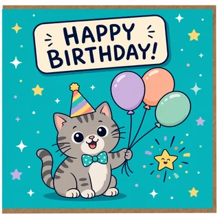 Birthday Card, Cute Cat Party Balloons Birthday Card