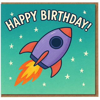 Happy Birthday Rocket Card - Colourful Space Theme with Cartoon Rocket and Stars - Fun Kids Birthday Card for Boys or Girls