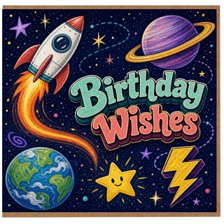 Birthday Card, Space Rocket and Planet Birthday Card