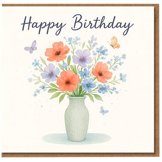 Happy Birthday Card - Watercolour Floral Vase with Butterflies - Elegant Flowers Design