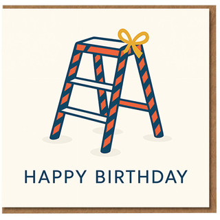 Happy Birthday Card - Step Ladder with Bow Illustration, Fun Minimal Design, Quirky Greeting