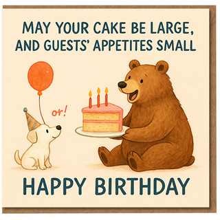 Funny Birthday Card - Bear with Cake and Cute Dog - 'May Your Cake Be Large, and Guests' Appetites Small' - Happy Birthday