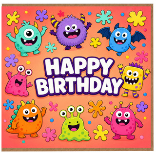 Birthday Card, Cute Cartoon Monsters Kids Birthday Card