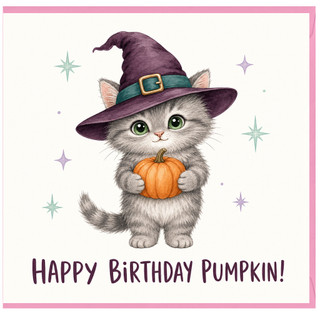 Birthday Card, Cute Witch Cat Holding Pumpkin