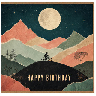 Birthday Card, Retro Moonlit Mountain Bicycle Scene