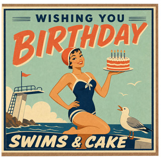 Birthday Card, Vintage Swims & Cake Retro Birthday Greeting Card