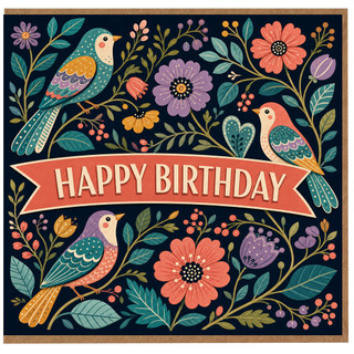 Birthday Card, Colourful Birds and Floral Banner Design