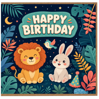 Birthday Card, Cute Jungle Animals Happy Birthday Card