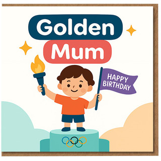 Golden Mum Birthday Card - Cute Child Champion on Podium with Torch and Happy Birthday Flag, Fun Sports Theme for Mum