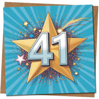 41st Birthday Card, Starburst Confetti Design, Blue Celebration Square Greeting, 145mm x 145mm, For Him or Her, Includes Kraft Envelope