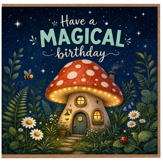 Birthday Card, Whimsical Mushroom House Birthday Card