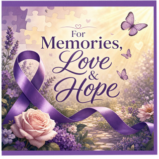 Birthday Card, For Memories Love & Hope Purple Ribbon Floral Design
