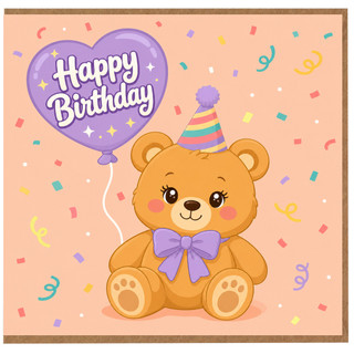 Birthday Card, Cute Teddy Bear Happy Birthday Balloon Design