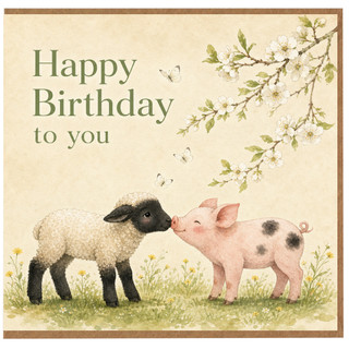 Birthday Card, Happy Birthday to You Lamb and Piglet Floral Greeting Card