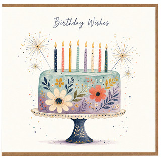 Birthday Card, Birthday Wishes Floral Cake and Candles Design