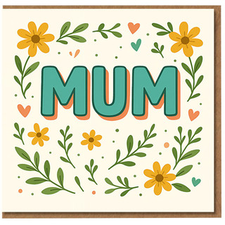 Mum Mother's Day Card - Floral Hearts Design with Bold Teal MUM Lettering - Cute Card for from Daughter or Son