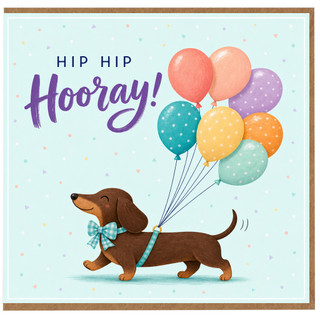 Birthday Card, Hip Hooray Celebration Card with Dachshund and Balloons